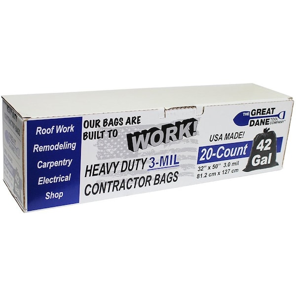 Contractor Trash Bags, 42-Gallon, 3-Mil, 20PK